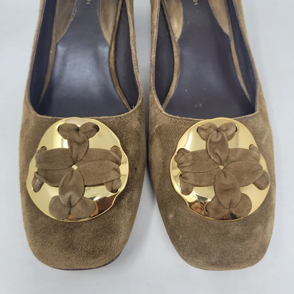 Tory Burch Heels 10M Brown Green Suede Medallion Pumps Block Heel Office Work